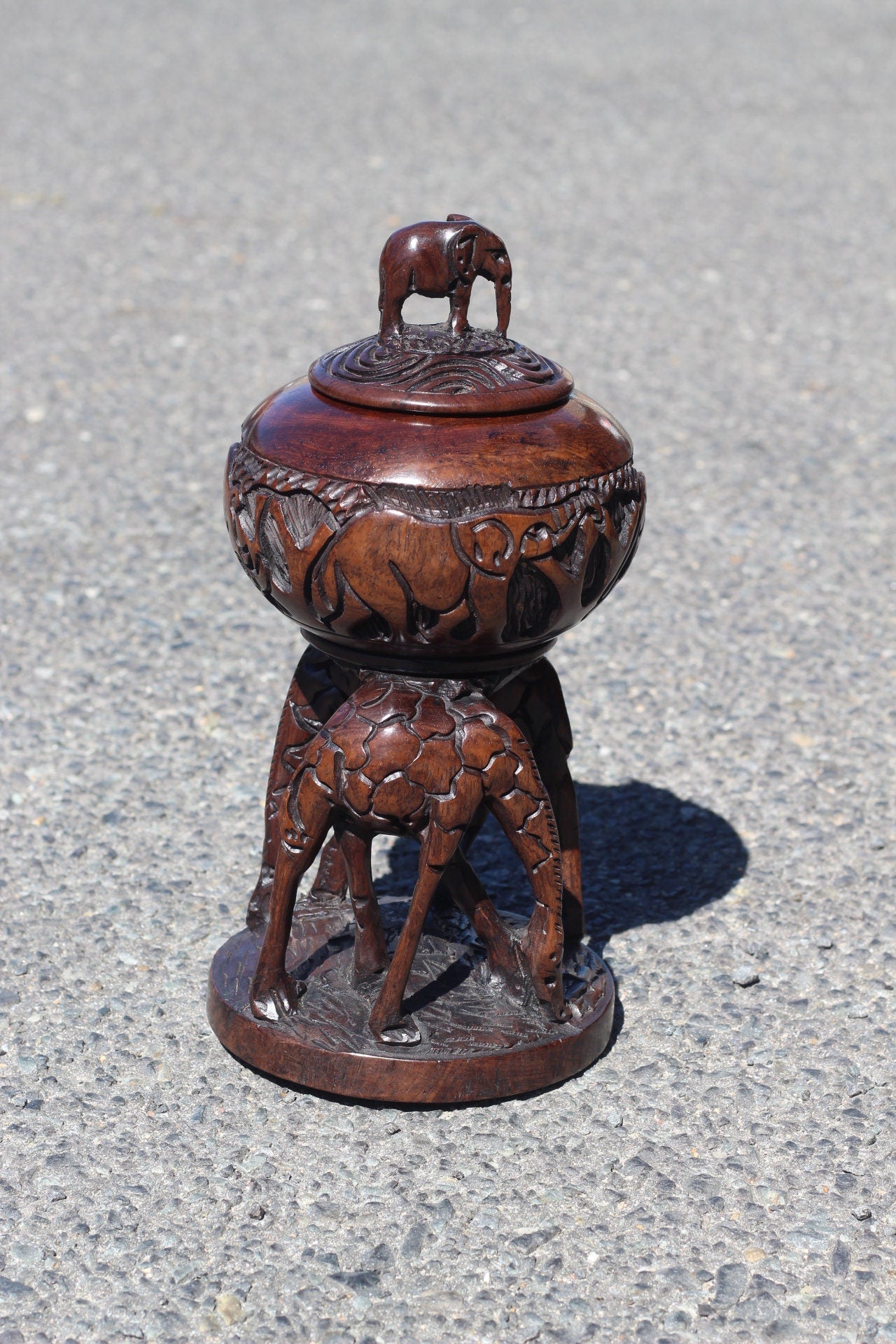 African big 5 themed bowl with Standing Elephant Lid on top of 2 Grazing Giraffes. Handcarved Malawian Ironwood Table Centrepiece Art gifts