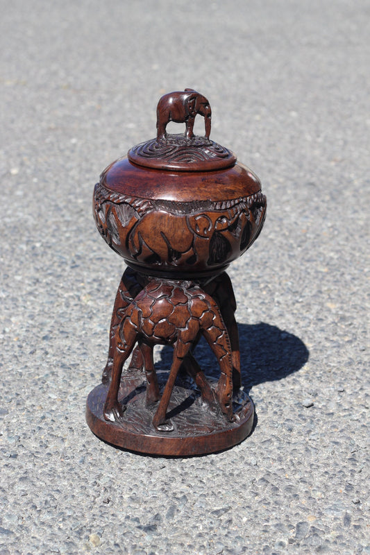 African big 5 themed bowl with Standing Elephant Lid on top of 2 Grazing Giraffes. Handcarved Malawian Ironwood Table Centrepiece Art gifts