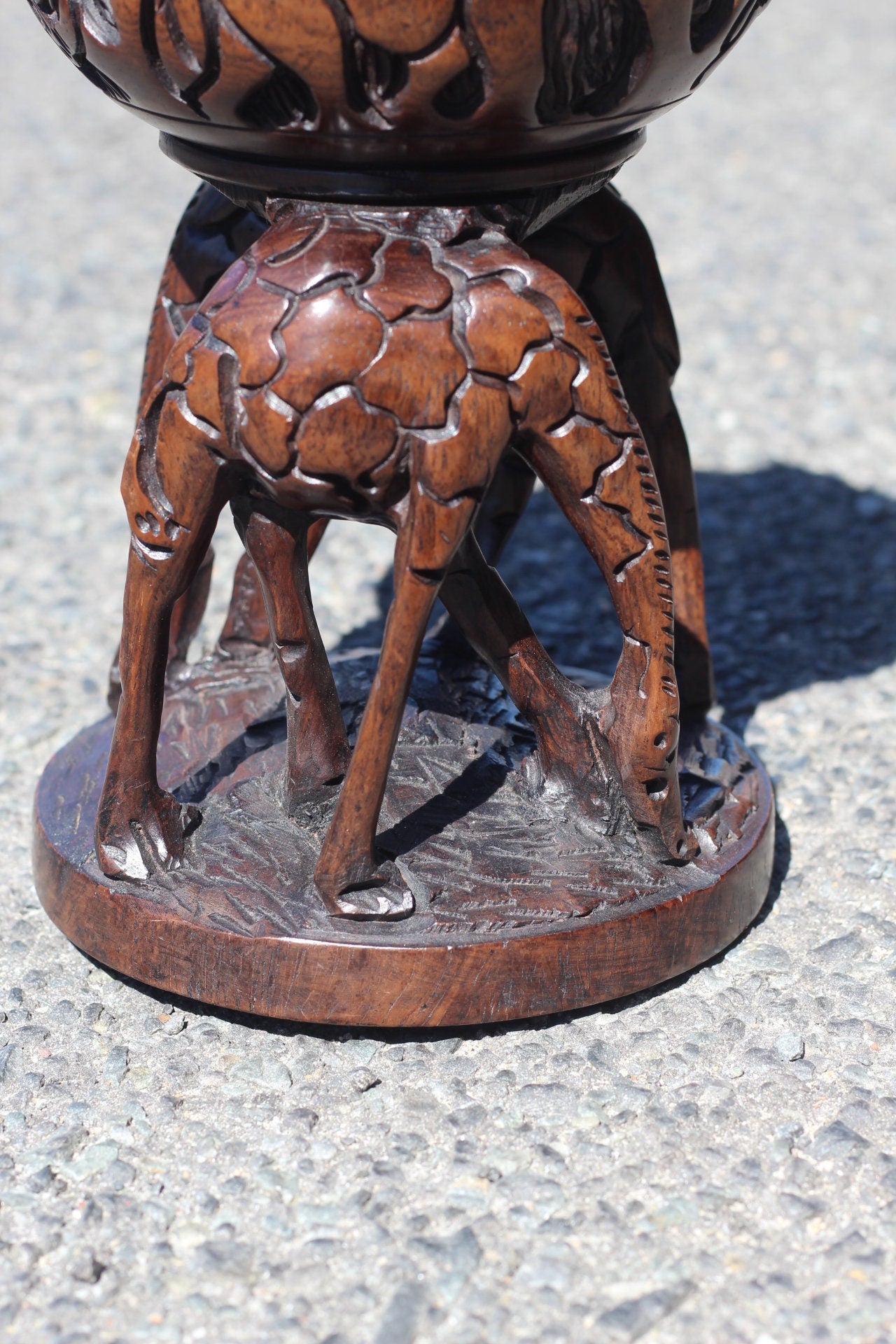 African big 5 themed bowl with Standing Elephant Lid on top of 2 Grazing Giraffes. Handcarved Malawian Ironwood Table Centrepiece Art gifts