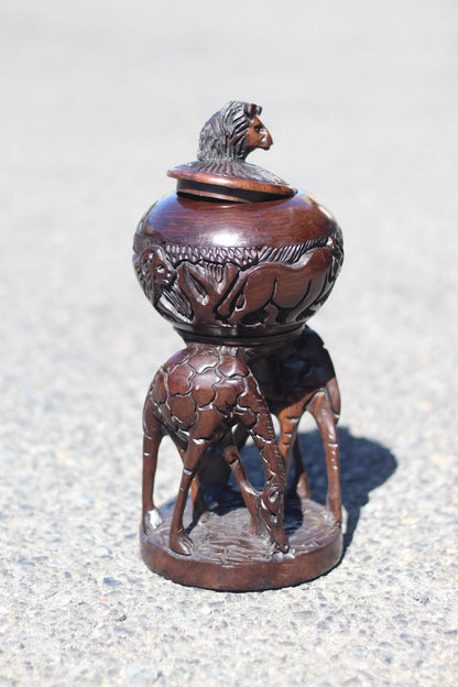 African big 5 themed bowl with Lion Trophy head Lid on top of 2 Grazing Giraffes. Handcarved Malawian Ironwood Table Centrepiece Art gifts