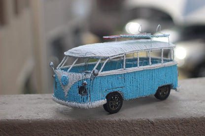 Light Blue and White Beaded Wire VW Microbus with Surfing boards. Volkswagen Caravan for home/Office Decor. Handmade Gifts by Job Guwhe