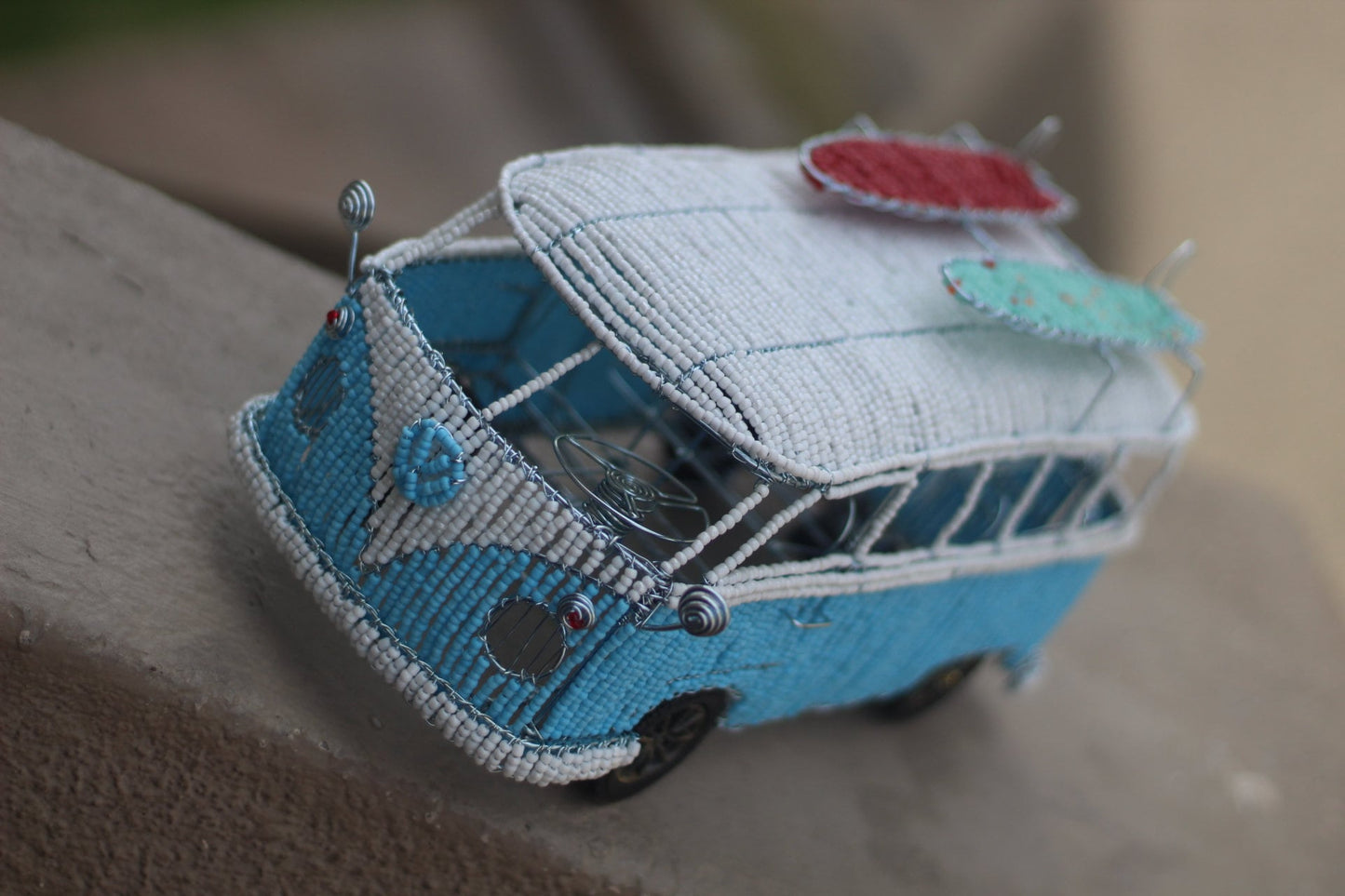 Light Blue and White Beaded Wire VW Microbus with Surfing boards. Volkswagen Caravan for home/Office Decor. Handmade Gifts by Job Guwhe