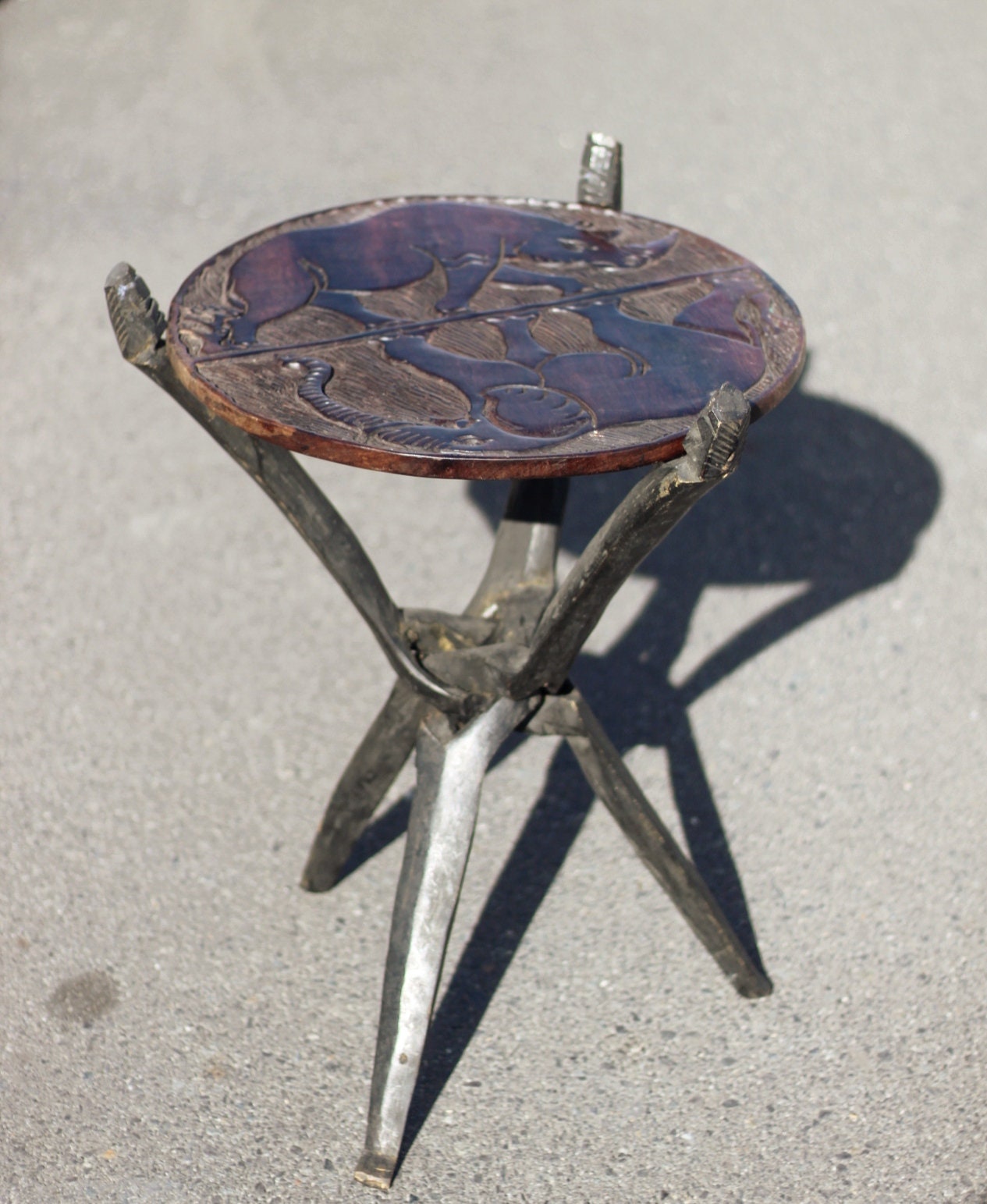 Elephant and Rhino Foldable table with reversible top. Malawian Handcarved Iron Wood Side table with Big Five Animals. Home/Office deco gift