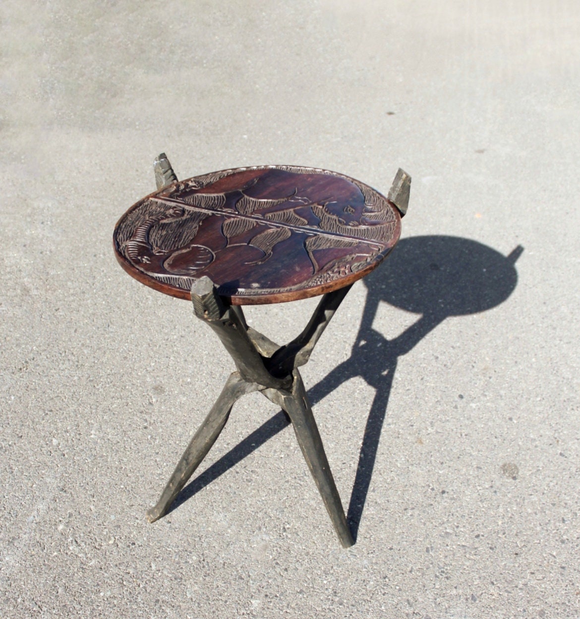 Elephant and Rhino Foldable table with reversible top. Malawian Handcarved Iron Wood Side table with Big Five Animals. Home/Office deco gift