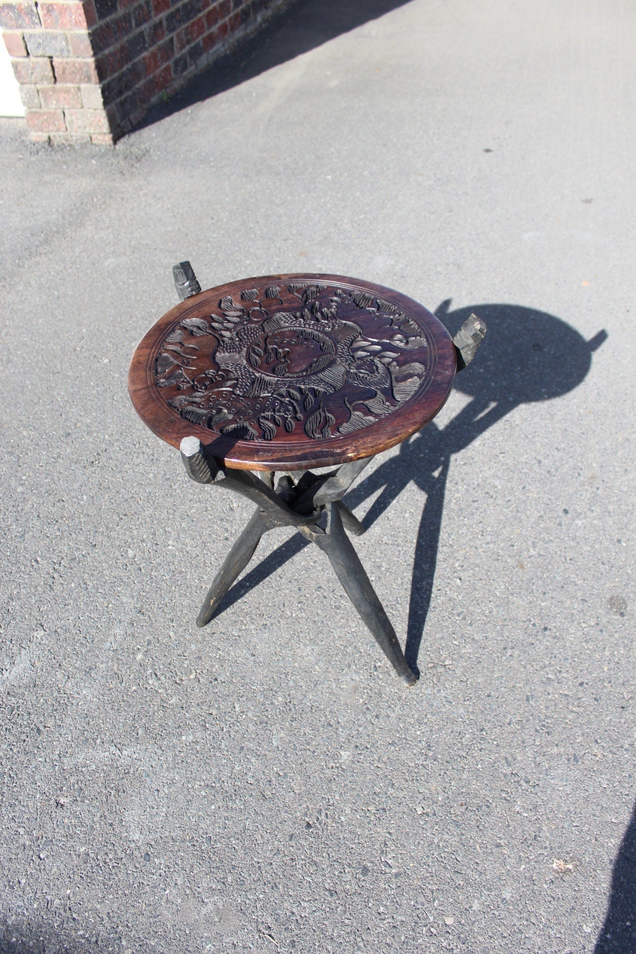 Elephant and Rhino Foldable table with reversible top. Malawian Handcarved Iron Wood Side table with Big Five Animals. Home/Office deco gift