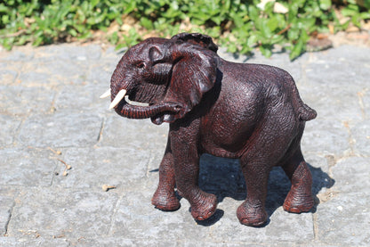 Realistic Elephant Carving Ironwood Sculpture. Ear Scratching with trunk, Zimbabwean hand carved fully detailed art figurine. Ready to Ship