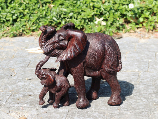 Realistic Twisted trunk Elephant and Calf Ironwood Carving. Zimbabwean hand carved fully detailed lifelike figurines. African Fine Art Gifts