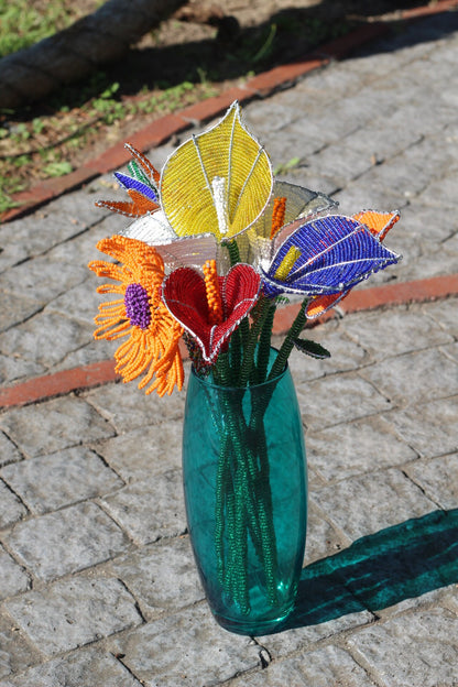 Set of 9 Bouquet Beaded Flowers by Job Guwhe. 6 Lillies, Strelitzia/Bird of Paradise, Daisy, Lavender. Home, Office, Hotel, Wedding decor