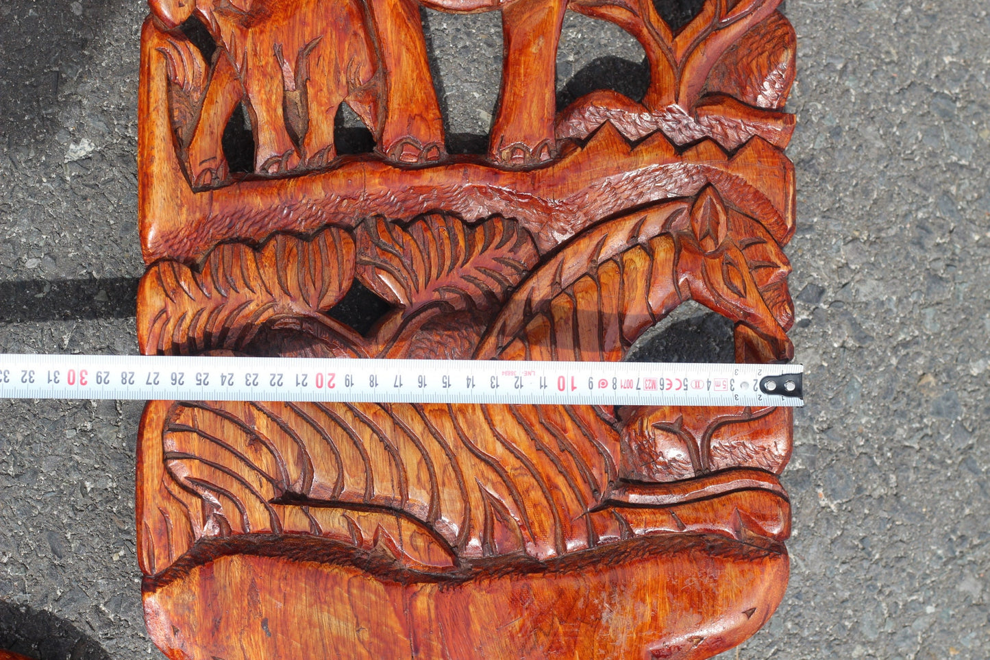 Medium Sized African Vanished Foldable chair. Malawian Mahogany Carved Elephant head and Sleeping Lion theme. Home / Office Art decor gifts