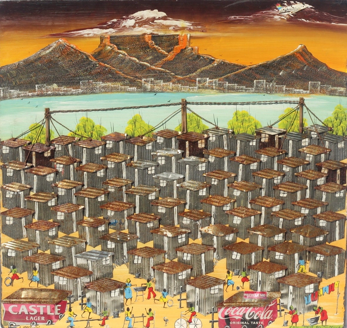 Multimedia Brown Rustic South African Township Painting. Oil paint