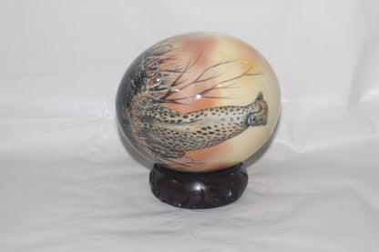 Seating Cheetah Decoupage on an Authentic Ostrich Egg Shell. Unique African Art Handmade ornaments. Ready to Ship Christmas Gift