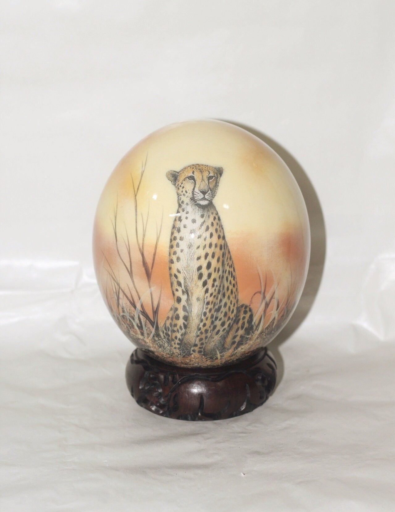 Seating Cheetah Decoupage on an Authentic Ostrich Egg Shell. Unique African Art Handmade ornaments. Ready to Ship Christmas Gift