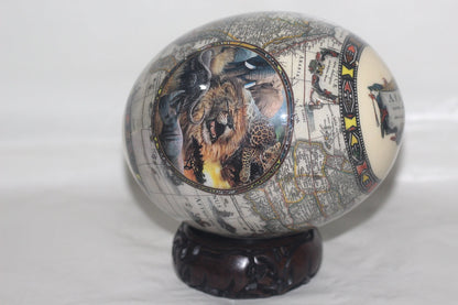 Ndebele Print Decoupage Ostrich Egg Shell with Big Five Animals, Black and White African Map. Unique Christmas Gifts Ready to Ship.