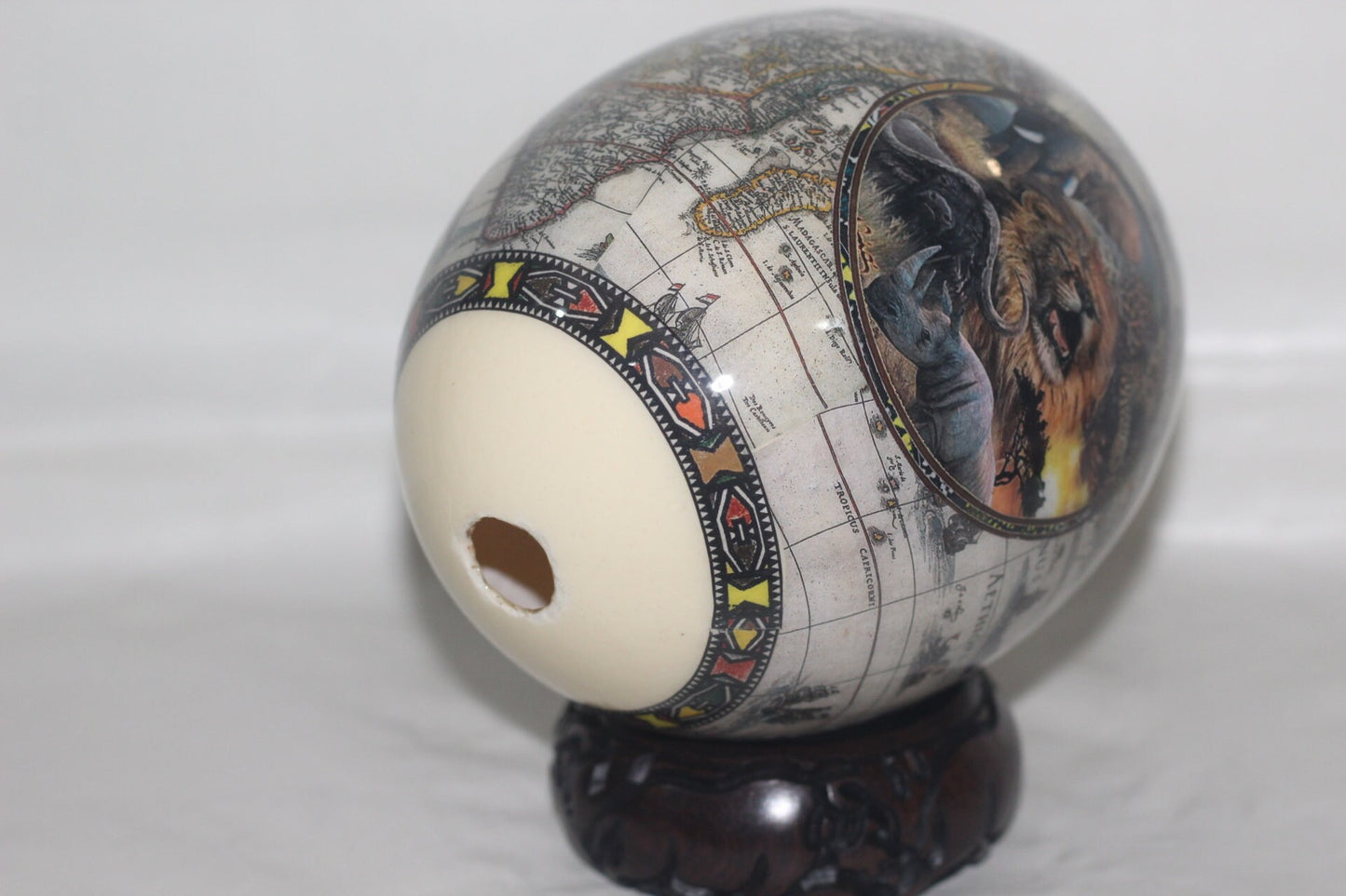 Ndebele Print Decoupage Ostrich Egg Shell with Big Five Animals, Black and White African Map. Unique Christmas Gifts Ready to Ship.