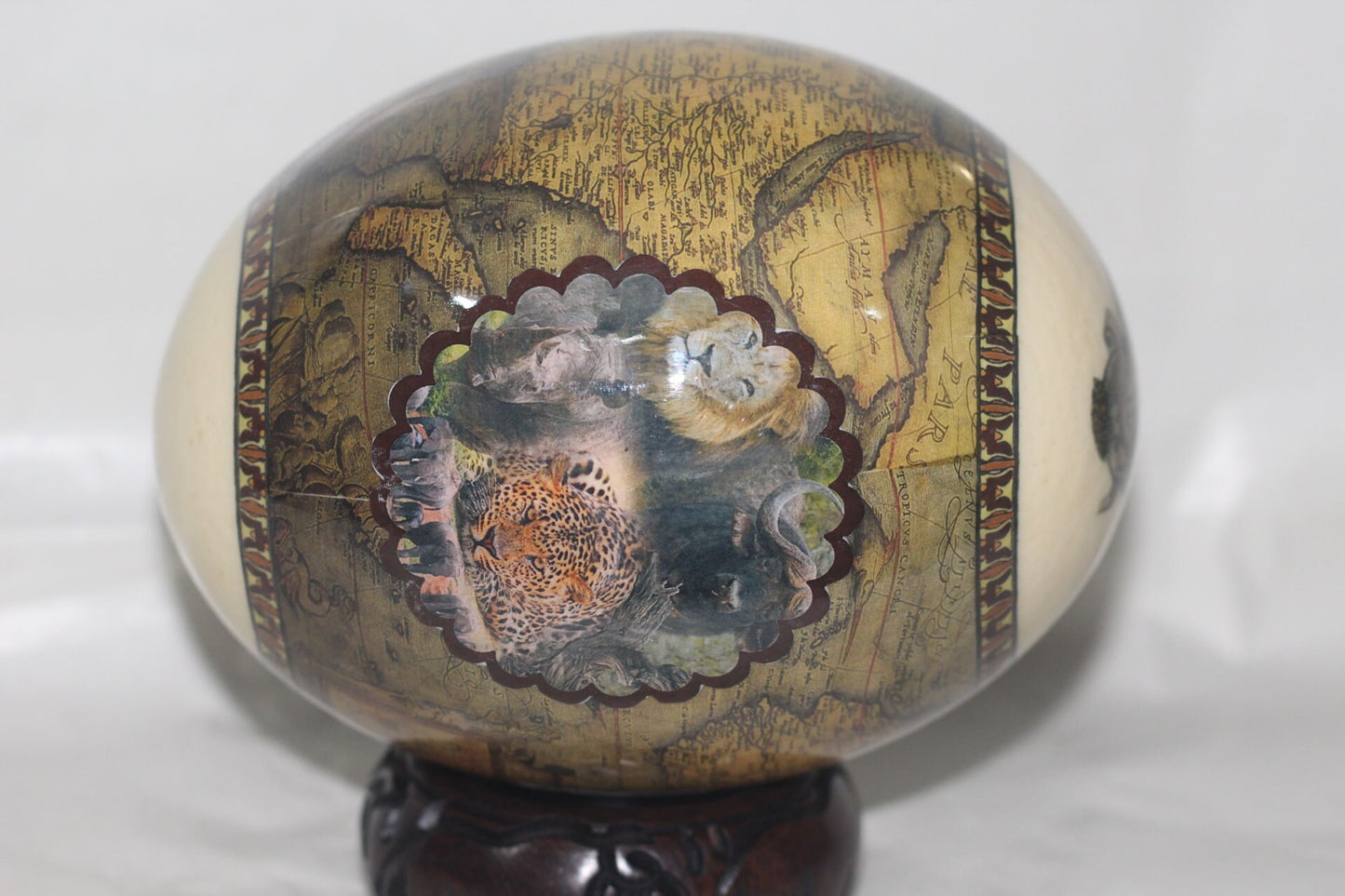 Globe Terrestres Decoupage Ostrich Egg Shell with Big Five Animals. Brown and Army Green African Tabula Nova Map. Christmas Gifts