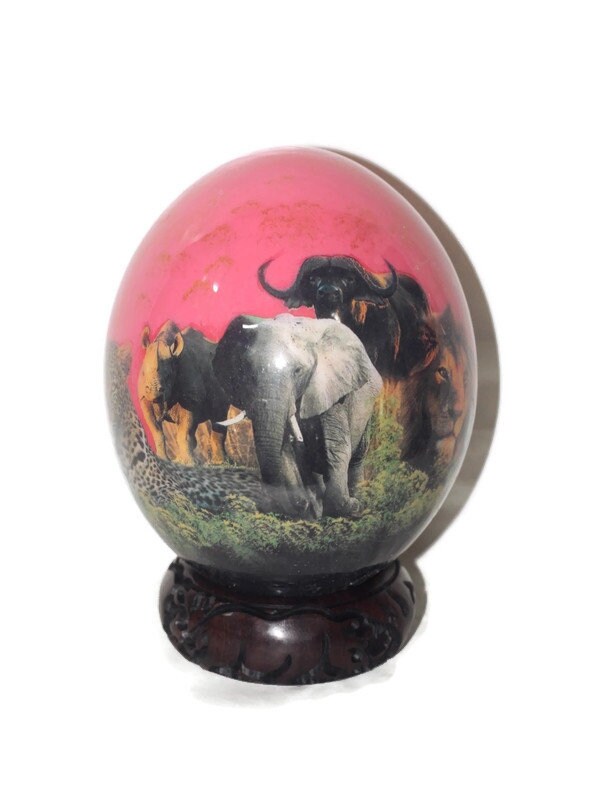 Decoupage Ostrich Egg Big 5 African Art Painted. Pink Background Animal Print Home Decor. Unique Christmas Gifts Ready to Ship Worldwide