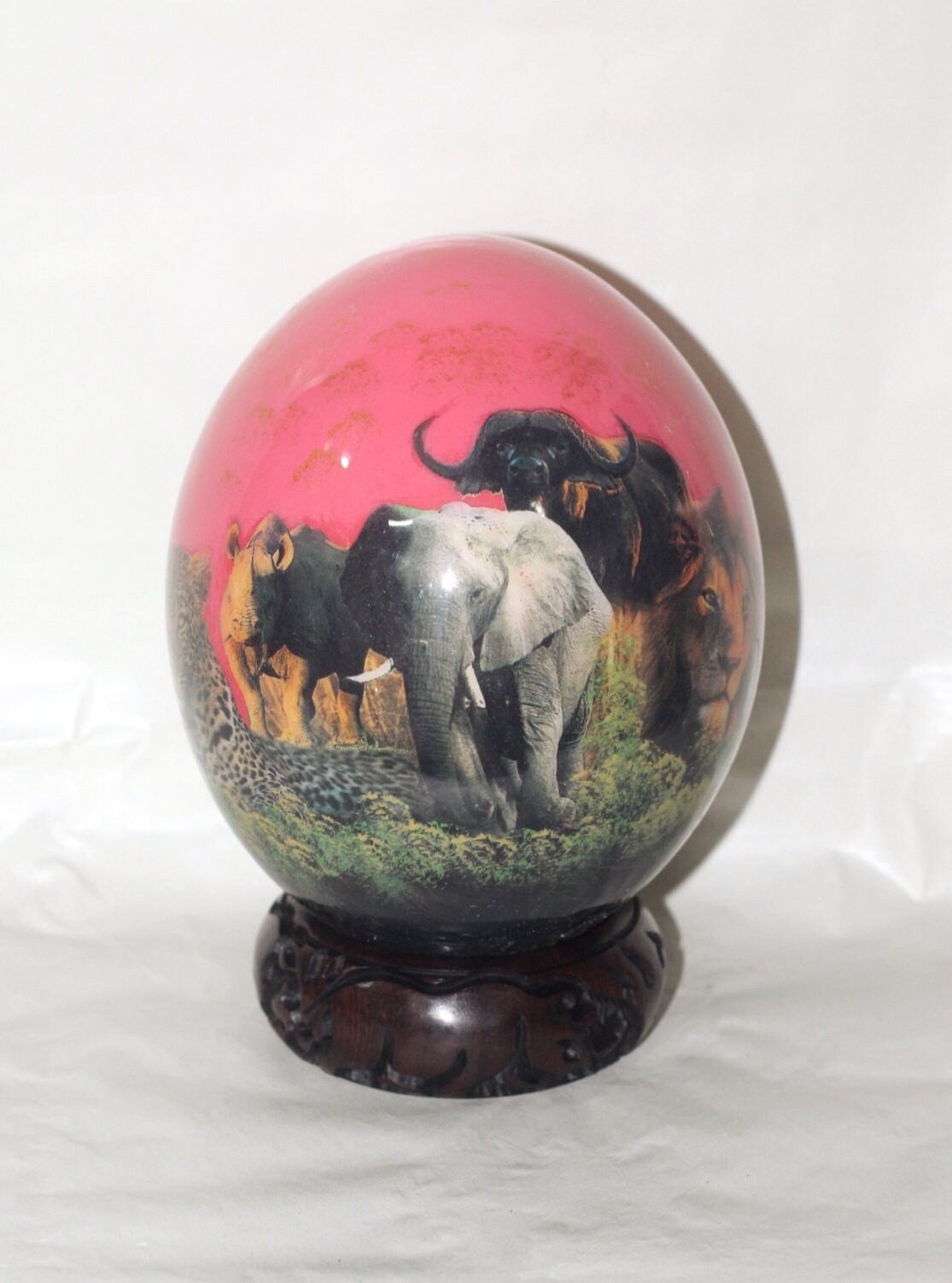 Decoupage Ostrich Egg Big 5 African Art Painted. Pink Background Animal Print Home Decor. Unique Christmas Gifts Ready to Ship Worldwide