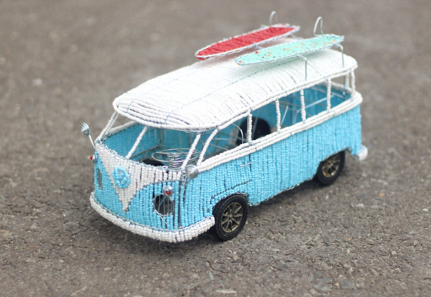 Light Blue and White Beaded Wire VW Microbus with Surfing boards. Volkswagen Caravan for home/Office Decor. Handmade Gifts by Job Guwhe