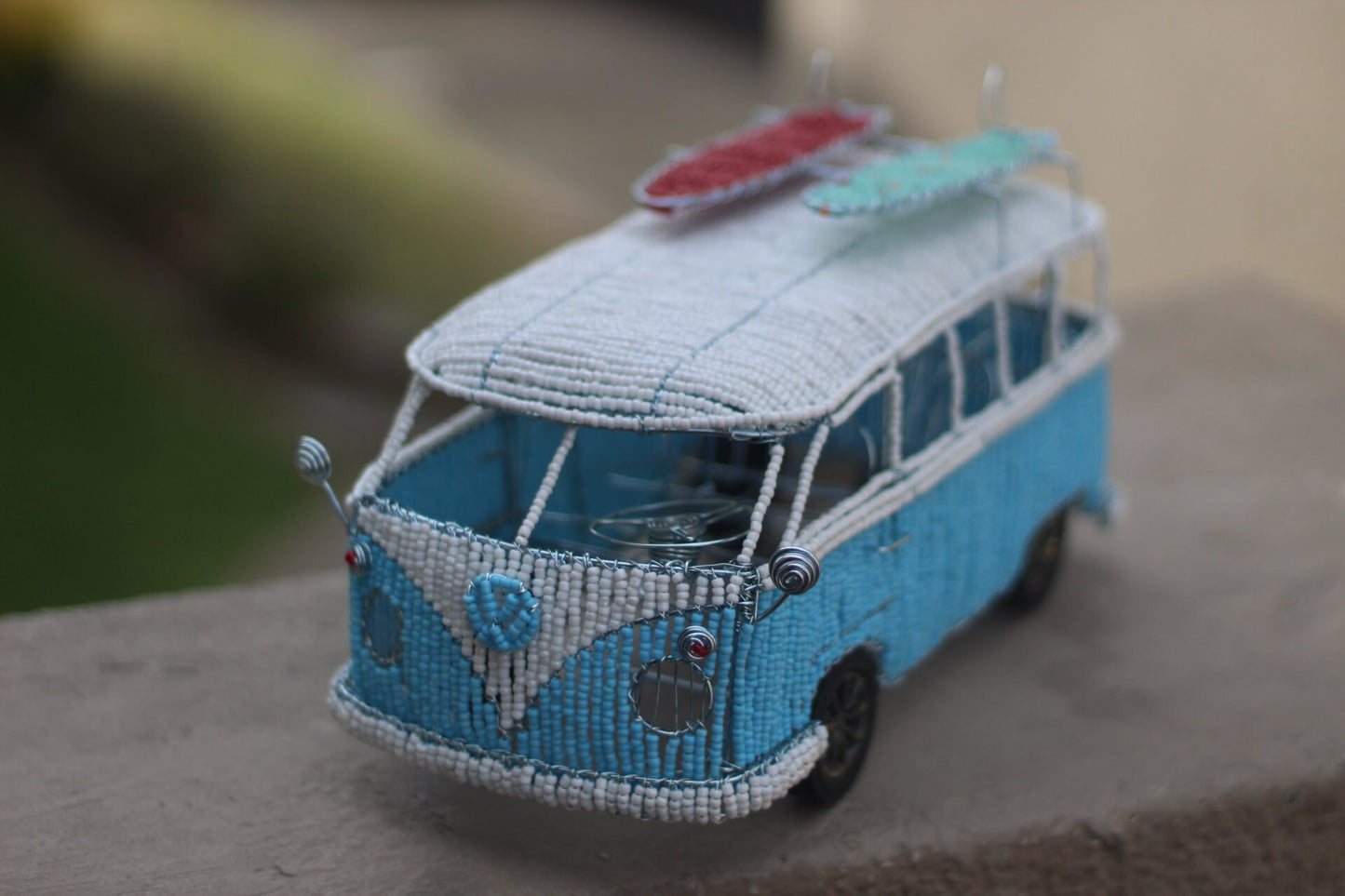 Light Blue and White Beaded Wire VW Microbus with Surfing boards. Volkswagen Caravan for home/Office Decor. Handmade Gifts by Job Guwhe