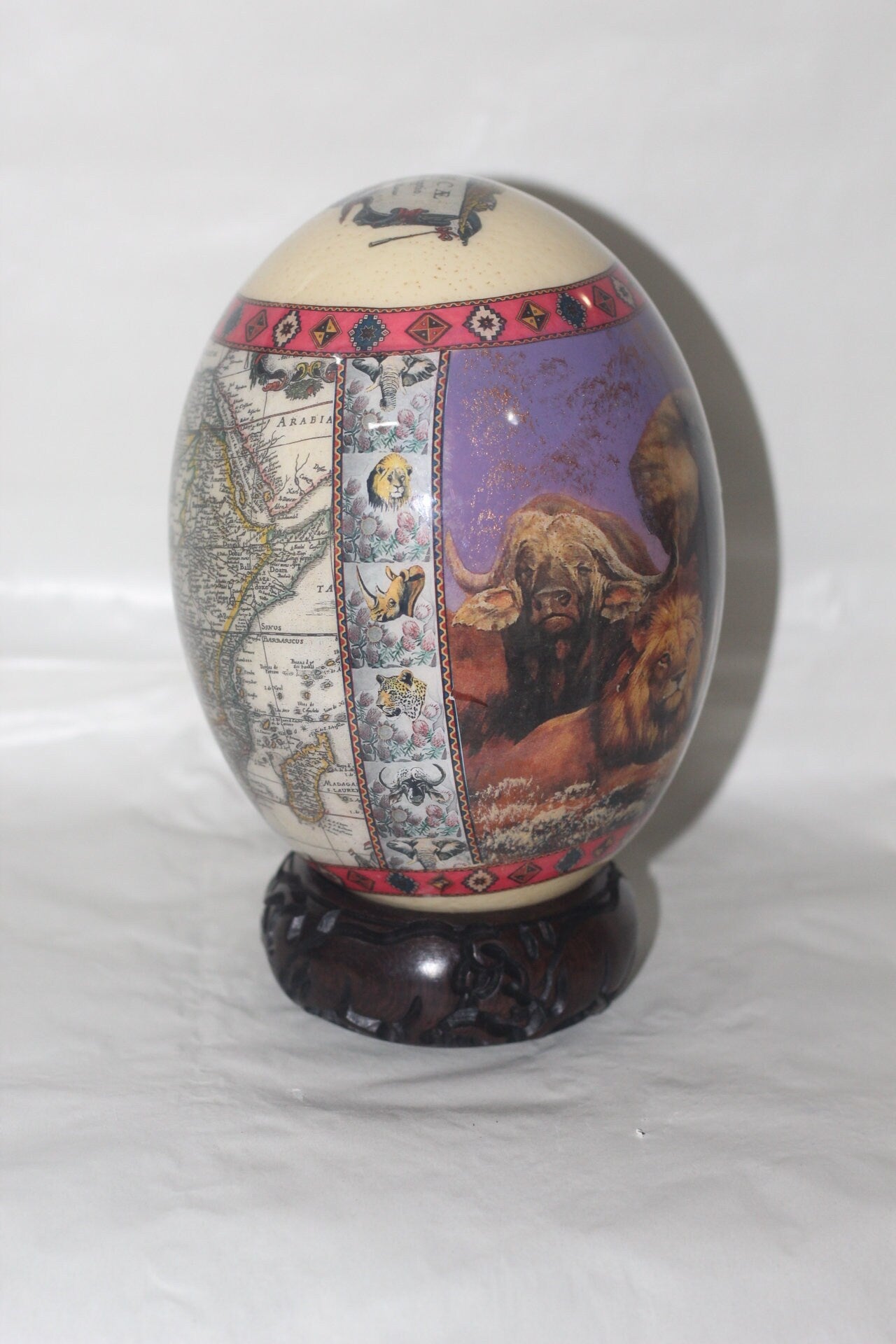 Purple and Pink Background African Big Five and Map Decoupage Art on an authentic Ostrich Egg Shell. Christmas gifts ready to Ship Worldwide