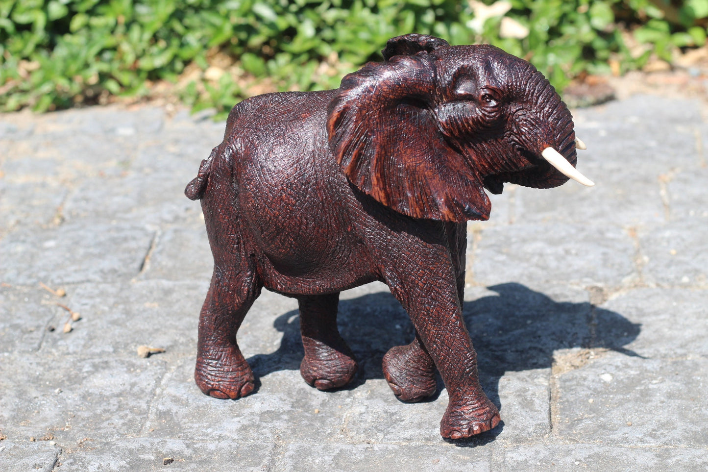 Realistic Elephant Carving Ironwood Sculpture. Ear Scratching with trunk, Zimbabwean hand carved fully detailed art figurine. Ready to Ship