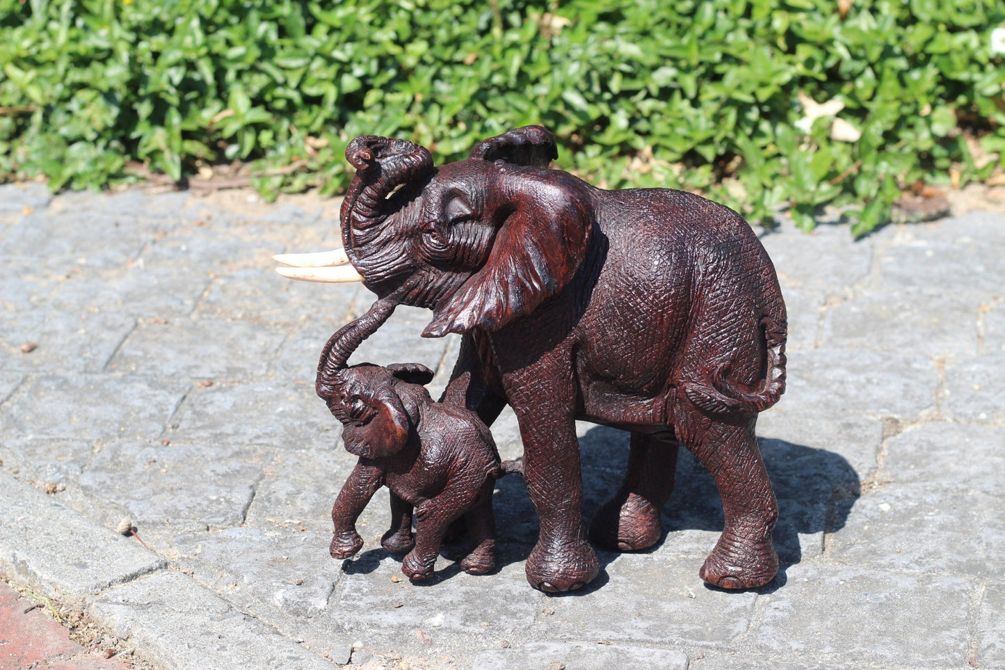 Realistic Twisted trunk Elephant and Calf Ironwood Carving. Zimbabwean hand carved fully detailed lifelike figurines. African Fine Art Gifts