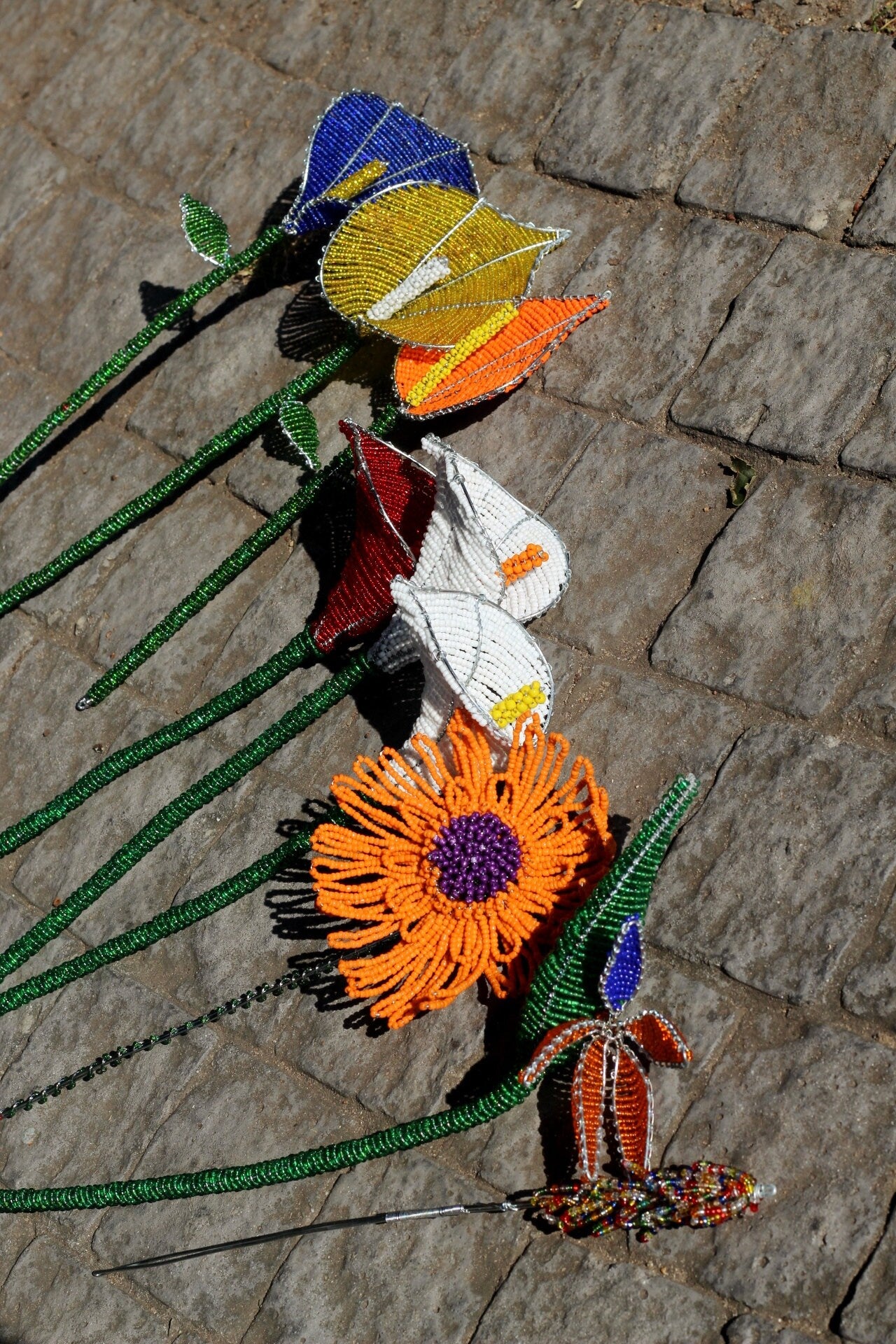 Set of 9 Bouquet Beaded Flowers by Job Guwhe. 6 Lillies, Strelitzia/Bird of Paradise, Daisy, Lavender. Home, Office, Hotel, Wedding decor