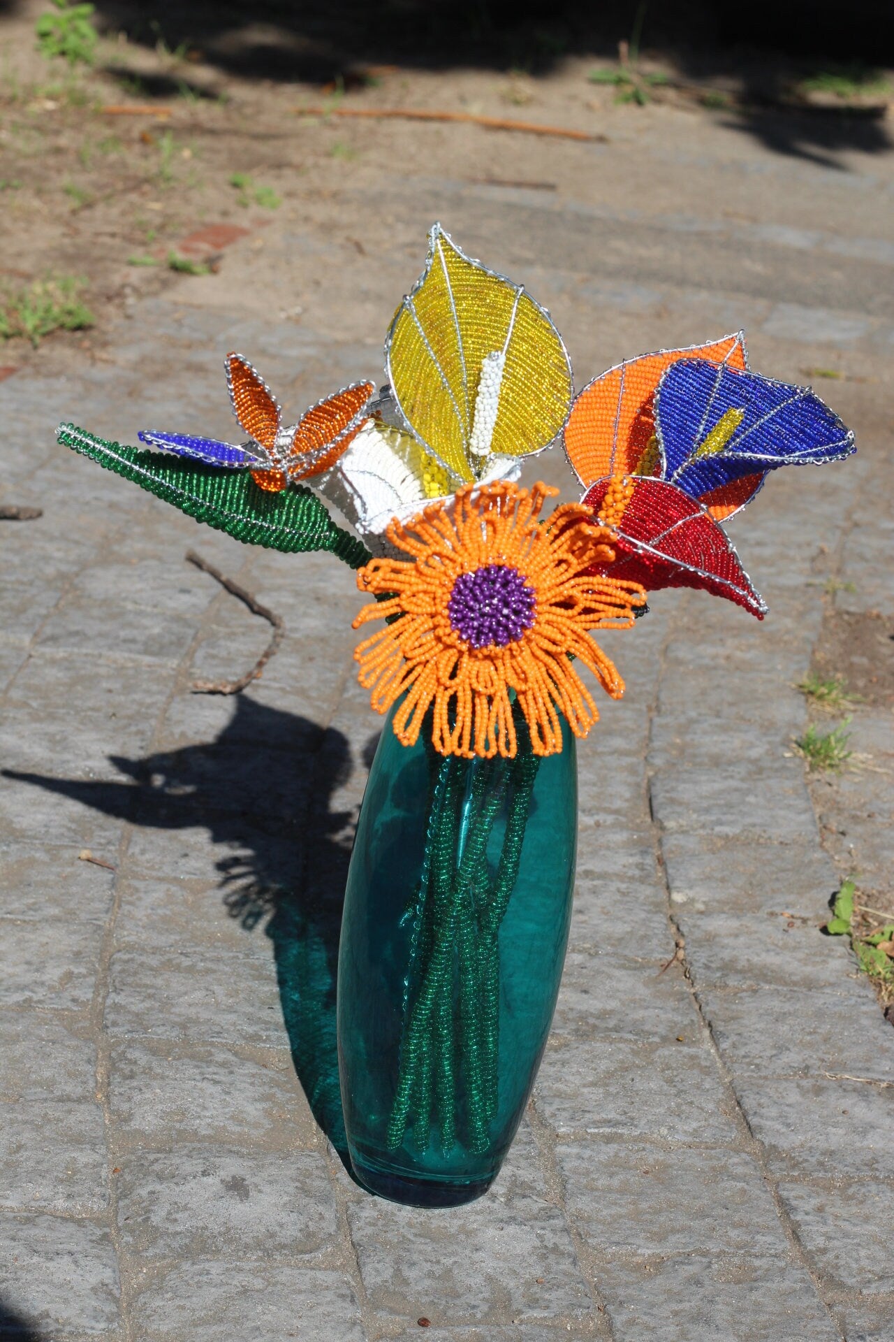 Set of 9 Bouquet Beaded Flowers by Job Guwhe. 6 Lillies, Strelitzia/Bird of Paradise, Daisy, Lavender. Home, Office, Hotel, Wedding decor