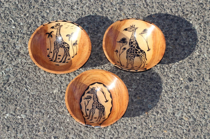 Set of 3 Teak Wood Bowl/Plates. Smooth with Giraffe and Palm trees paintings. Office and Home Table decor. African Art Giftset ready to ship