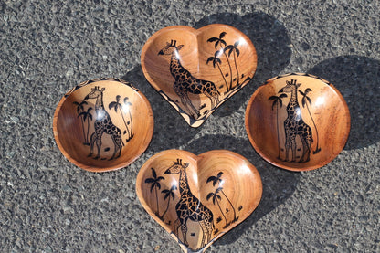 Set of 4 Teak wood Round and Heart Shaped bowls with Giraffe and Palm trees paintings. Home Decor Hardwood bowls. African art decor /gift