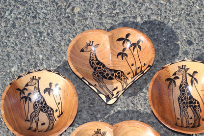 Set of 4 Teak wood Round and Heart Shaped bowls with Giraffe and Palm trees paintings. Home Decor Hardwood bowls. African art decor /gift