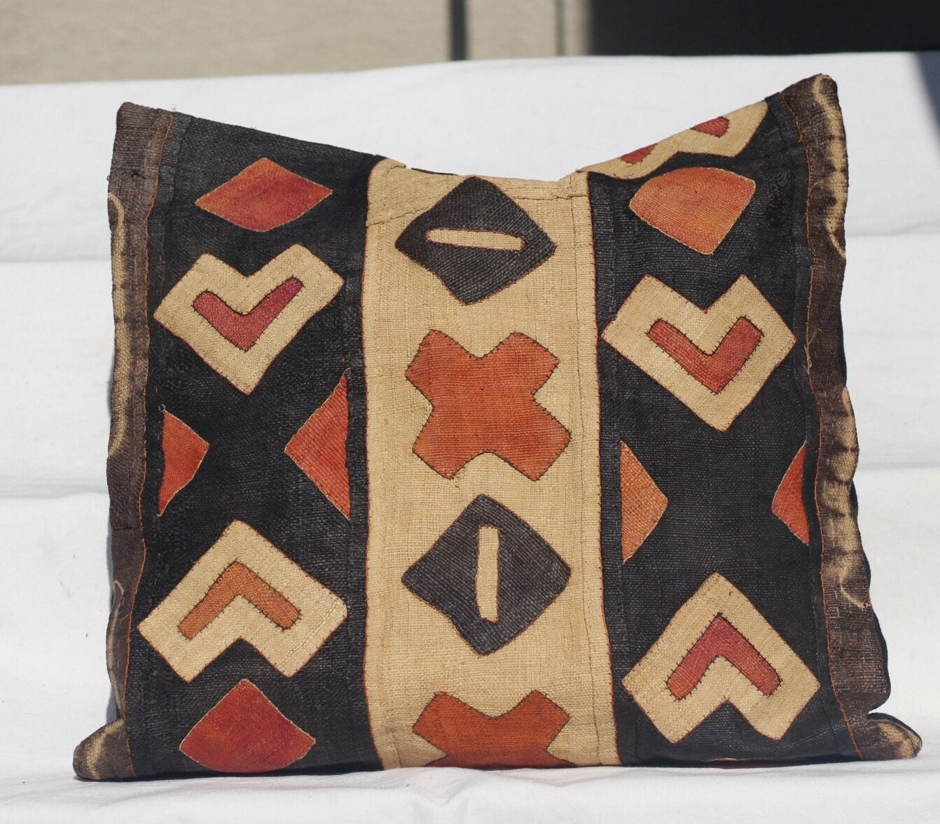 20" Unique Mixed colours Kuba cloth cushion cover. Rafia palm fiber textile. Brown, beige, black, Orange African Home and Office Decor gifts