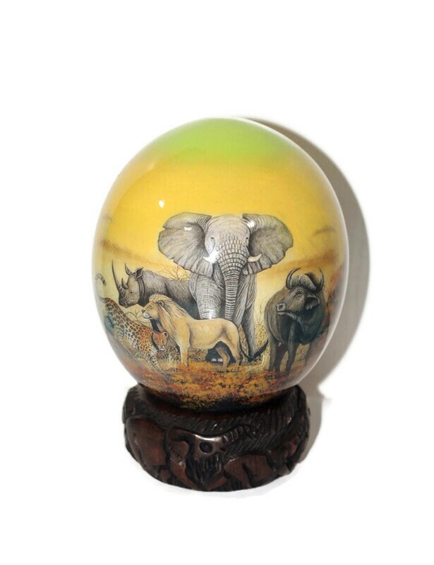 Green and Yellow Decoupage African Big Five Animals on Authentic Ostrich Egg Shell gifts. Comes with a Malawi ring stand, ready to Ship.