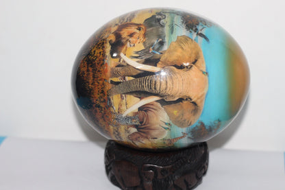 African Big Five Animals Decoupage Ostrich Egg. Day Blue Sky and brown Safari Art. Unique Ornament with carved wood stand. Ready to Ship