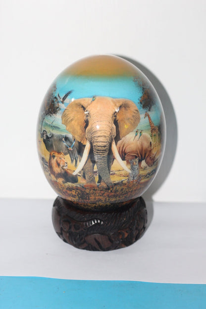 African Big Five Animals Decoupage Ostrich Egg. Day Blue Sky and brown Safari Art. Unique Ornament with carved wood stand. Ready to Ship