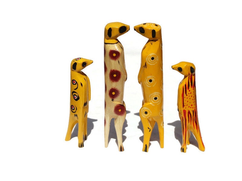 Family of 4 Clear and Yellow Painted Meerkat Jacaranda Wood sculptures. Hand Carved figurines. Home/Office decor African Art Suricate gifts