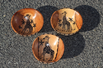 Set of 3 Teak Wood Bowl/Plates. Smooth with Giraffe and Palm trees paintings. Office and Home Table decor. African Art Giftset ready to ship