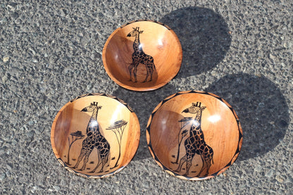 Set of 3 Teak Wood Bowl/Plates. Smooth with Giraffe and Palm trees paintings. Office and Home Table decor. African Art Giftset ready to ship