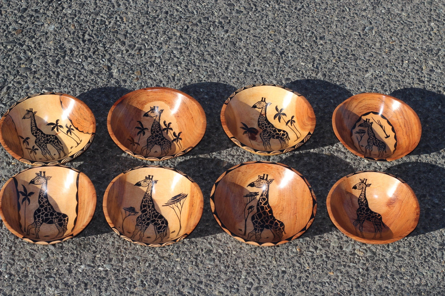 Set of 3 Teak Wood Bowl/Plates. Smooth with Giraffe and Palm trees paintings. Office and Home Table decor. African Art Giftset ready to ship