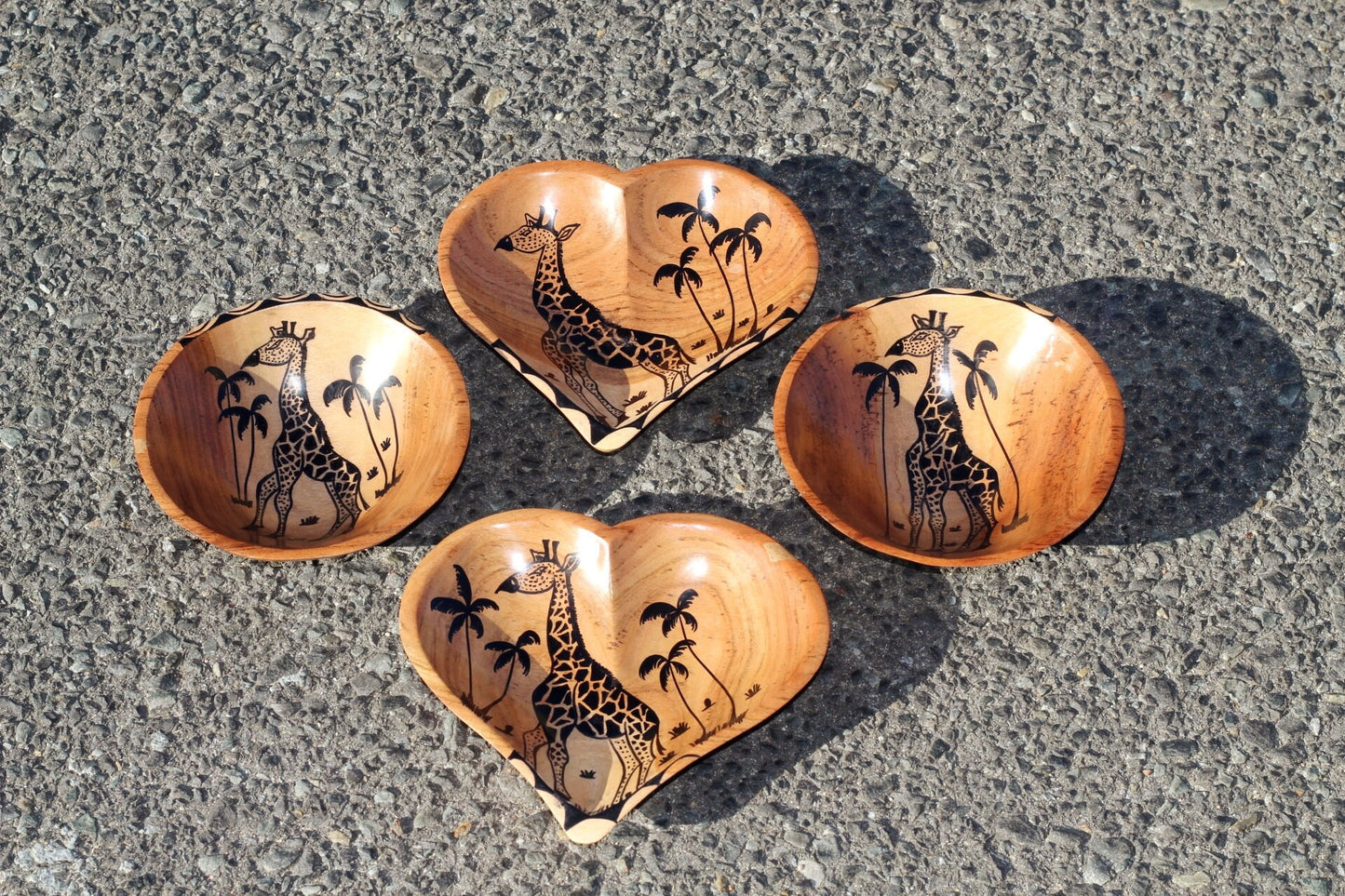 Set of 4 Teak wood Round and Heart Shaped bowls with Giraffe and Palm trees paintings. Home Decor Hardwood bowls. African art decor /gift