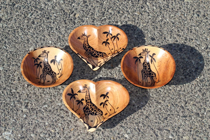 Set of 4 Teak wood Round and Heart Shaped bowls with Giraffe and Palm trees paintings. Home Decor Hardwood bowls. African art decor /gift