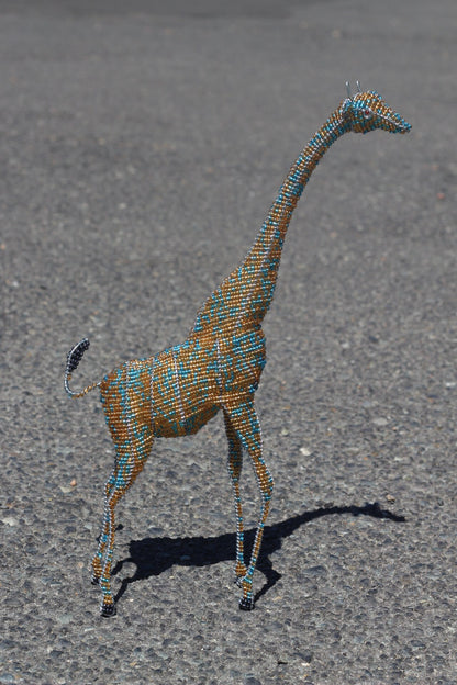 40cm Tall Standing Gold and light blue 3D Glass beads and wire Giraffe Sculpture. African art decor handcrafted Masterpiece by Job Guwhe