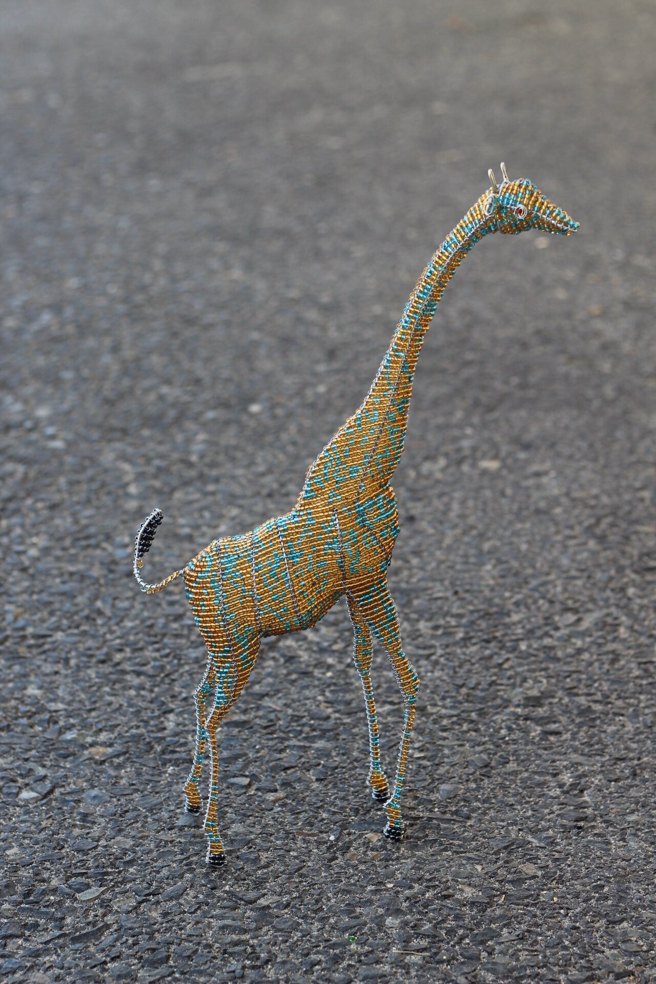 40cm Tall Standing Gold and light blue 3D Glass beads and wire Giraffe Sculpture. African art decor handcrafted Masterpiece by Job Guwhe