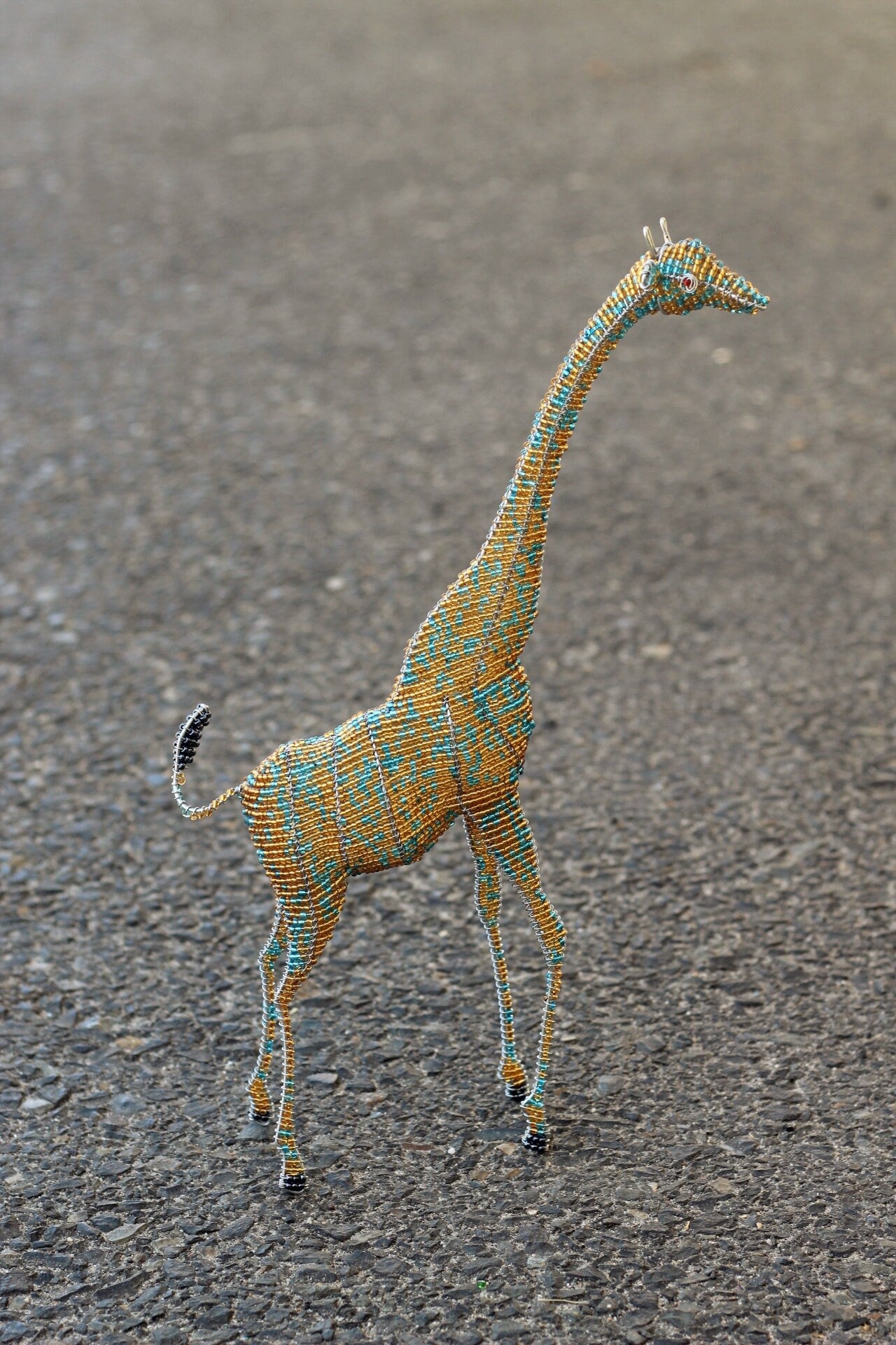 40cm Tall Standing Gold and light blue 3D Glass beads and wire Giraffe Sculpture. African art decor handcrafted Masterpiece by Job Guwhe