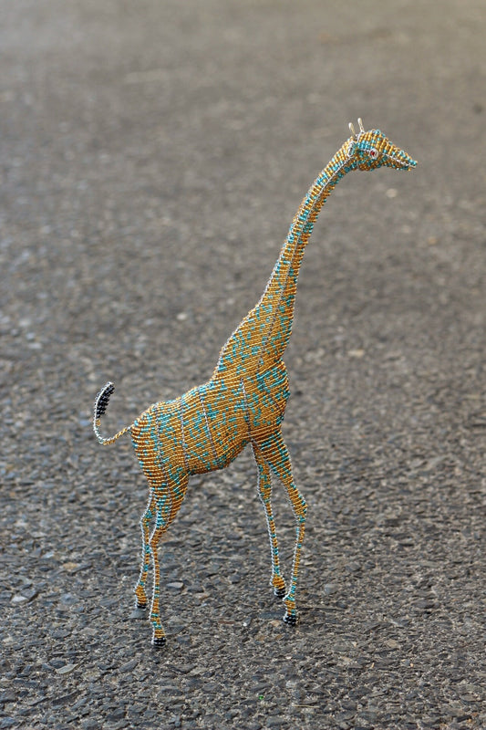 40cm Tall Standing Gold and light blue 3D Glass beads and wire Giraffe Sculpture. African art decor handcrafted Masterpiece by Job Guwhe