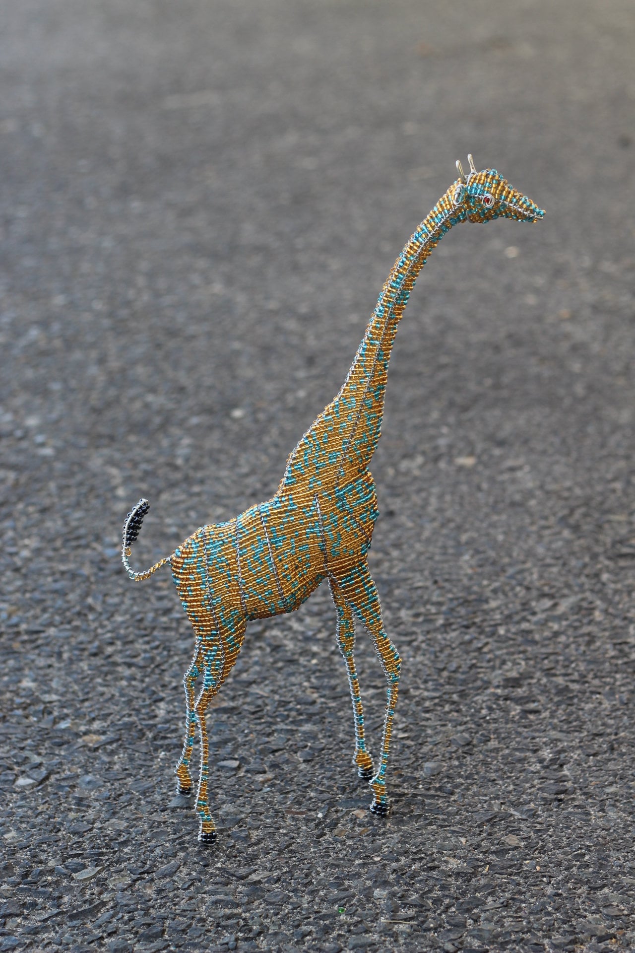 40cm Tall Standing Gold and light blue 3D Glass beads and wire Giraffe Sculpture. African art decor handcrafted Masterpiece by Job Guwhe