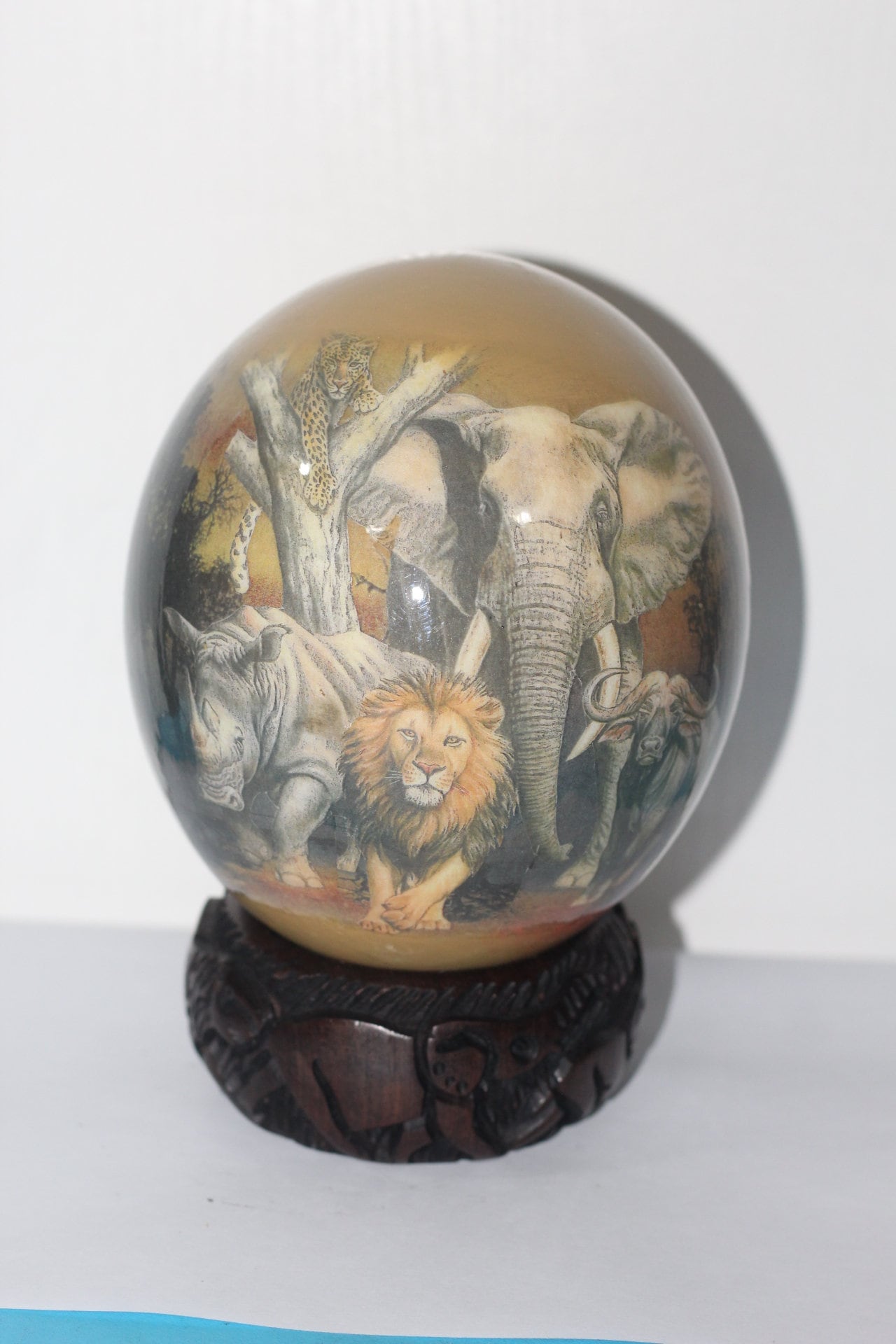 Brown Decoupage African Big Five Animals on Authentic Ostrich Egg Shell. Sunset Art, Comes with a Malawian carved ring stand. Ready to Ship