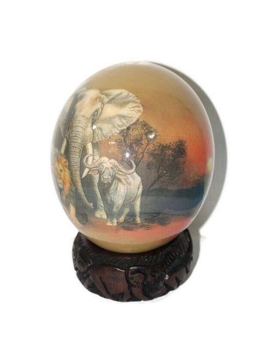 Brown Decoupage African Big Five Animals on Authentic Ostrich Egg Shell. Sunset Art, Comes with a Malawian carved ring stand. Ready to Ship