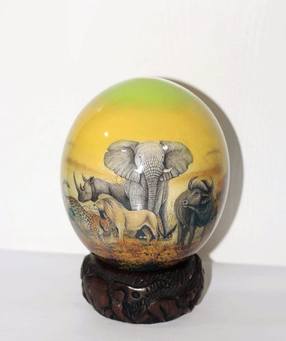 Green and Yellow Decoupage African Big Five Animals on Authentic Ostrich Egg Shell gifts. Comes with a Malawi ring stand, ready to Ship.