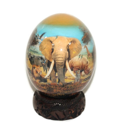 African Big Five Animals Decoupage Ostrich Egg. Day Blue Sky and brown Safari Art. Unique Ornament with carved wood stand. Ready to Ship